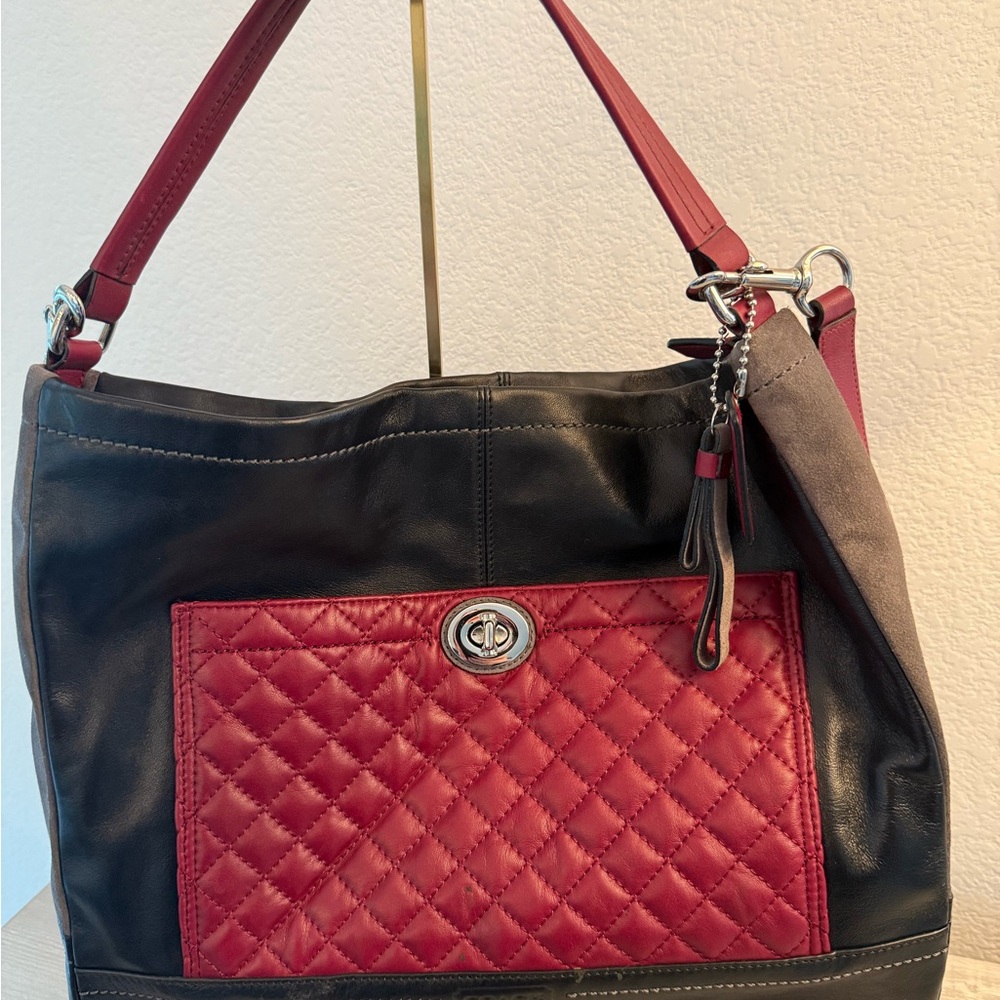 Coach Navy and Red Quilted Leather Bag with Gray Suede Sides